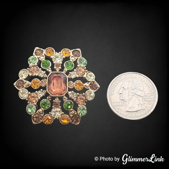Liz Claiborne Honey Brown Orange Green Rhinestone Brooch Signed LC - Picture 4 of 6